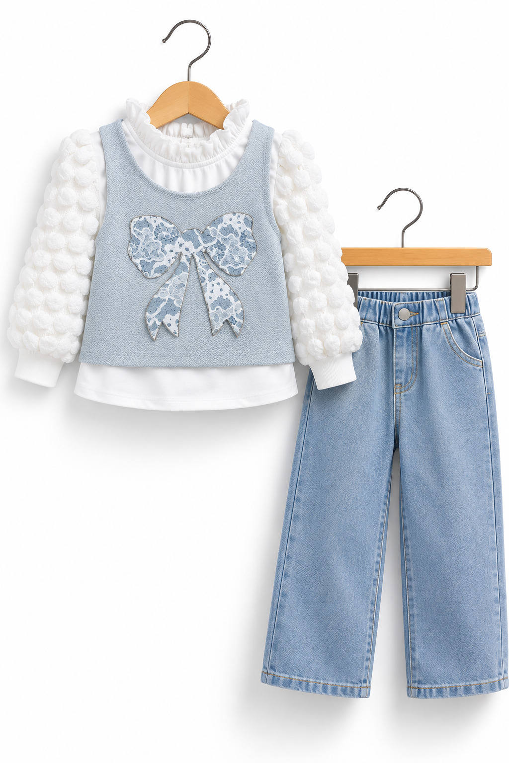 Girls 3-Piece Floral Bow Outfit Set – Textured Sleeveless Top, White Puff Sleeve Shirt & Wide Leg Denim Jeans