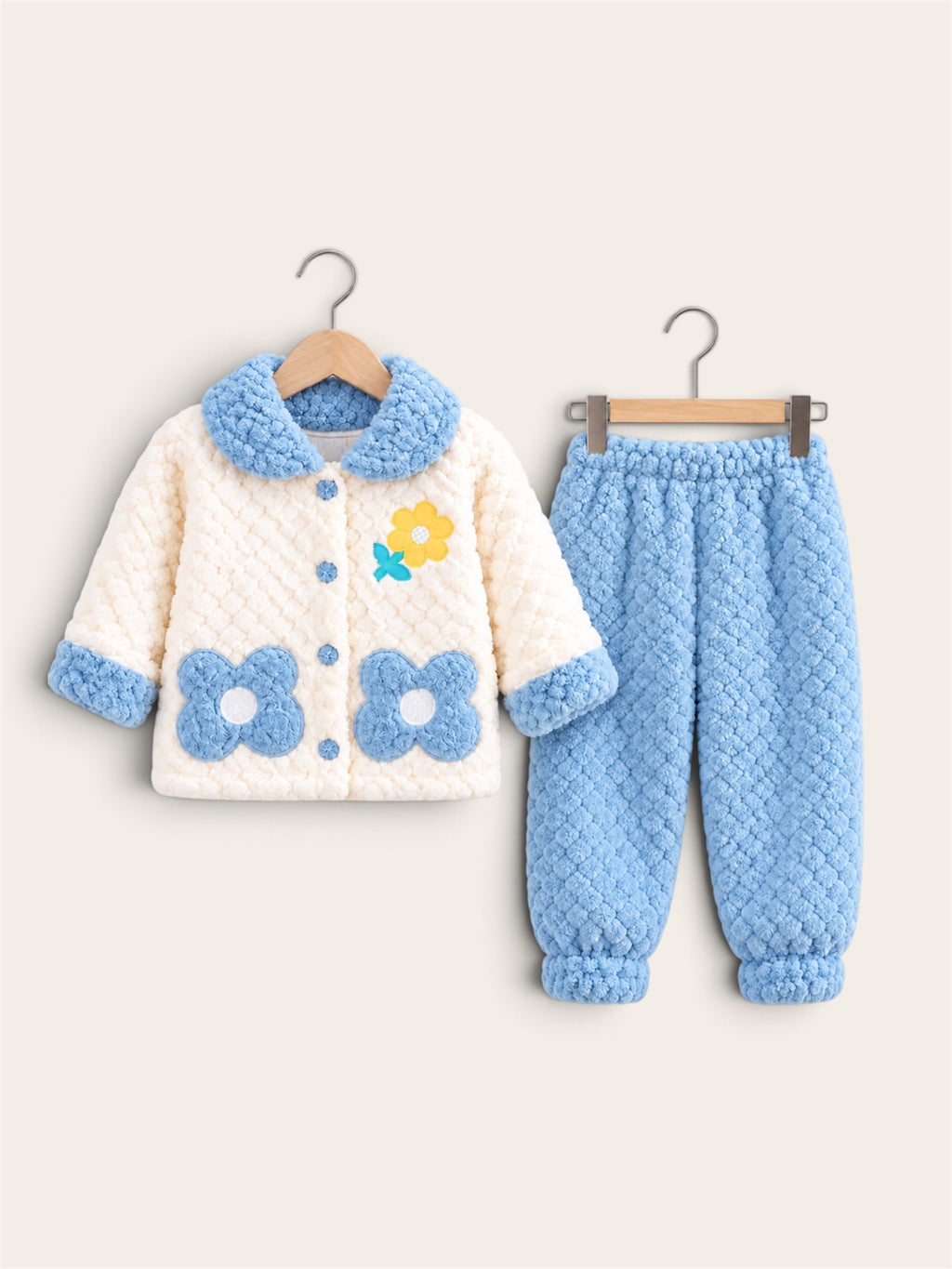 Cute Floral Teddy Fleece Winter Jacket & Pants 2-Piece Set for Girls – Purple & Sky Blue