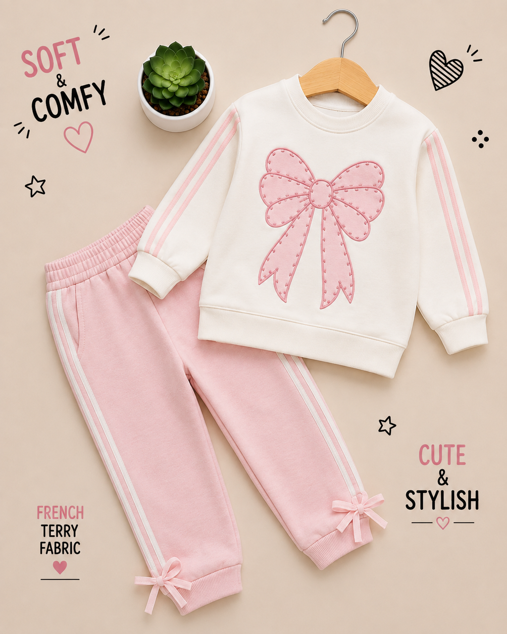 Title: 🎀 Girls Bow Detail French Terry Tracksuit Set