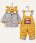 Boys Car Appliqué Dungaree & Hooded Jacket 2-Piece Winter Set – Mustard & Green