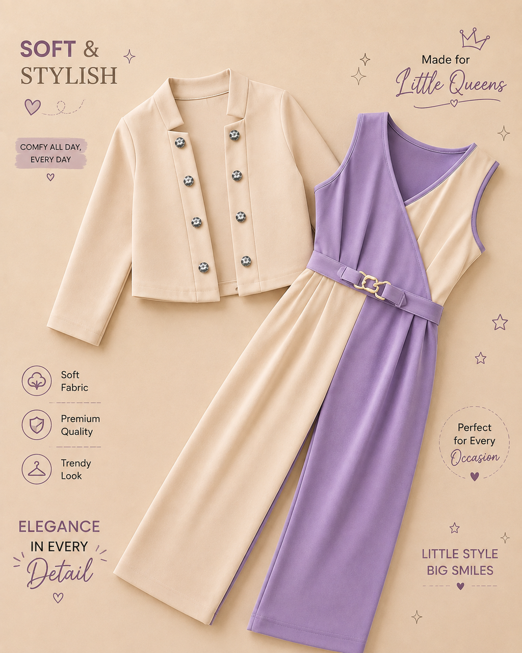 Elegant Two-Tone Girls Jumpsuit with Blazer – Black & Lavender