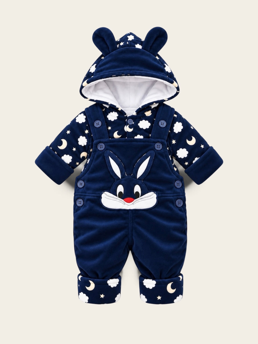 Baby Bunny Moon & Cloud Hooded Dungaree Set – Navy Blue & Brown