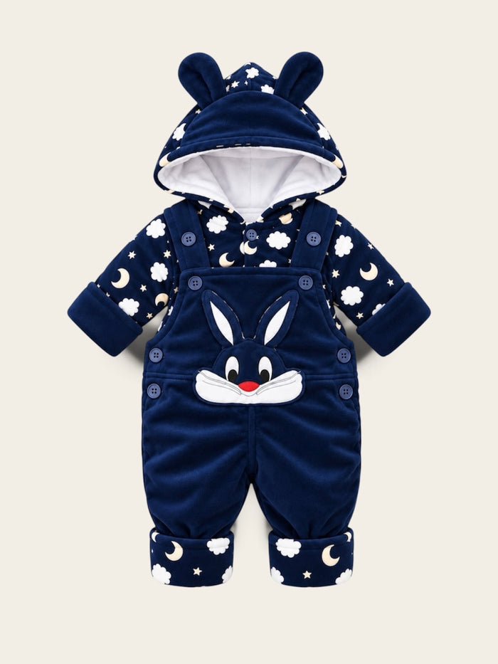 Baby Bunny Moon & Cloud Hooded Dungaree Set – Navy Blue & Brown