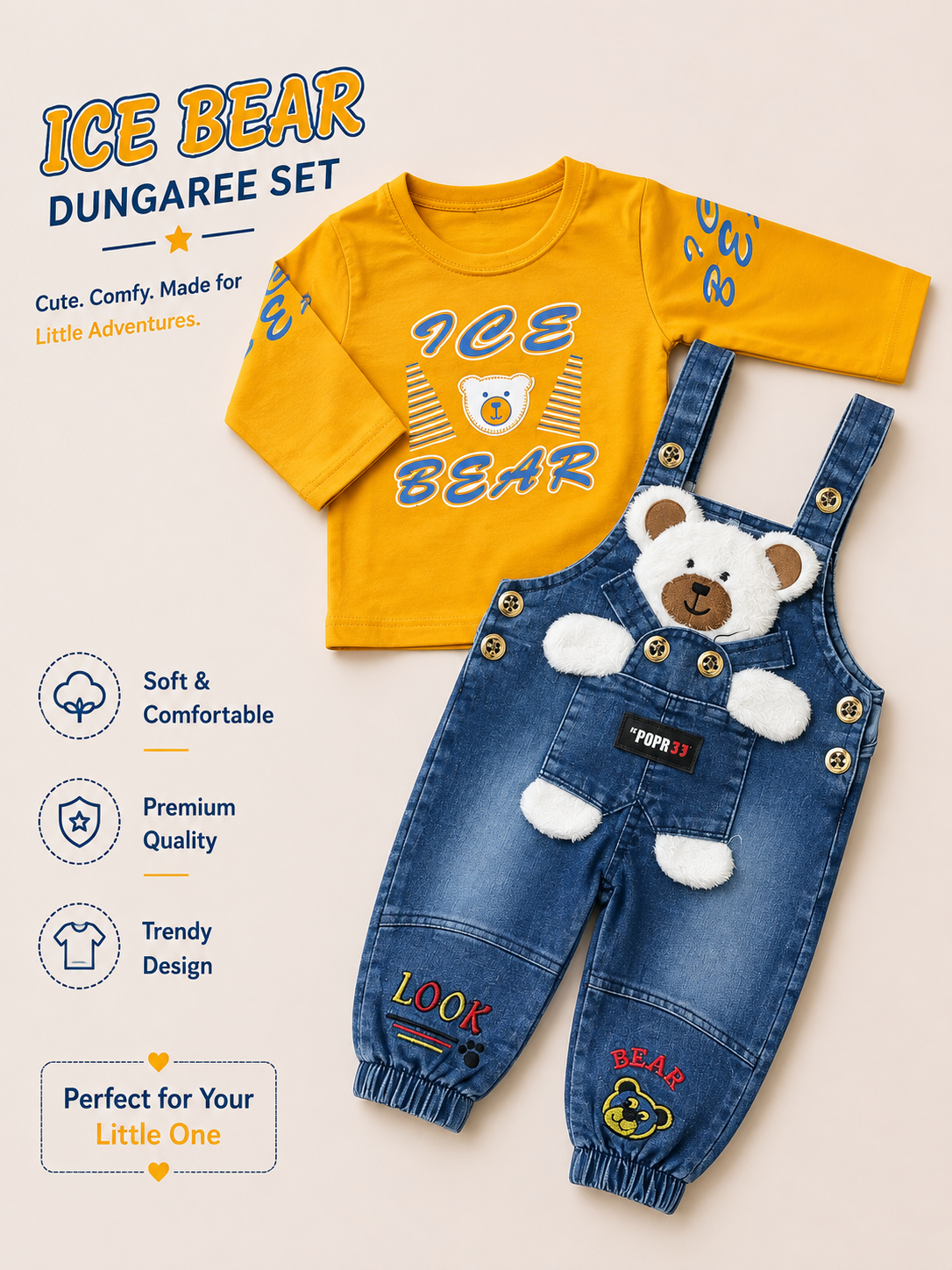Ice Bear Teddy Denim Dungaree Set for Boys 🧸💙