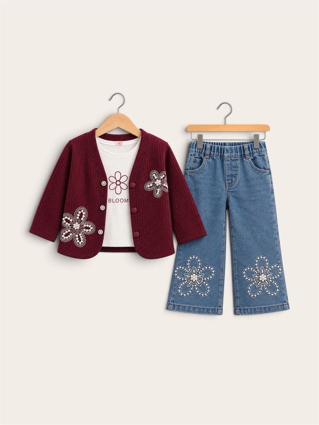 Pearl Bloom 3-Piece Girls Cardigan & Denim Set