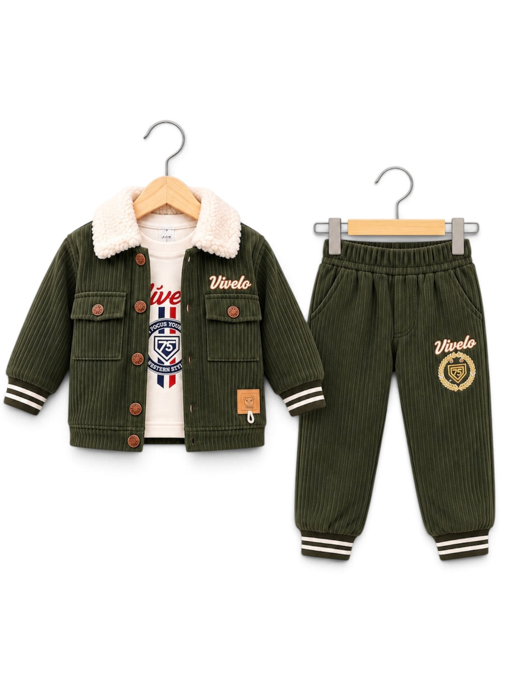 Boys Vivelo Sherpa Collar Jacket, Sweatshirt & Jogger 3-Piece Winter Set – Green & Navy Blue