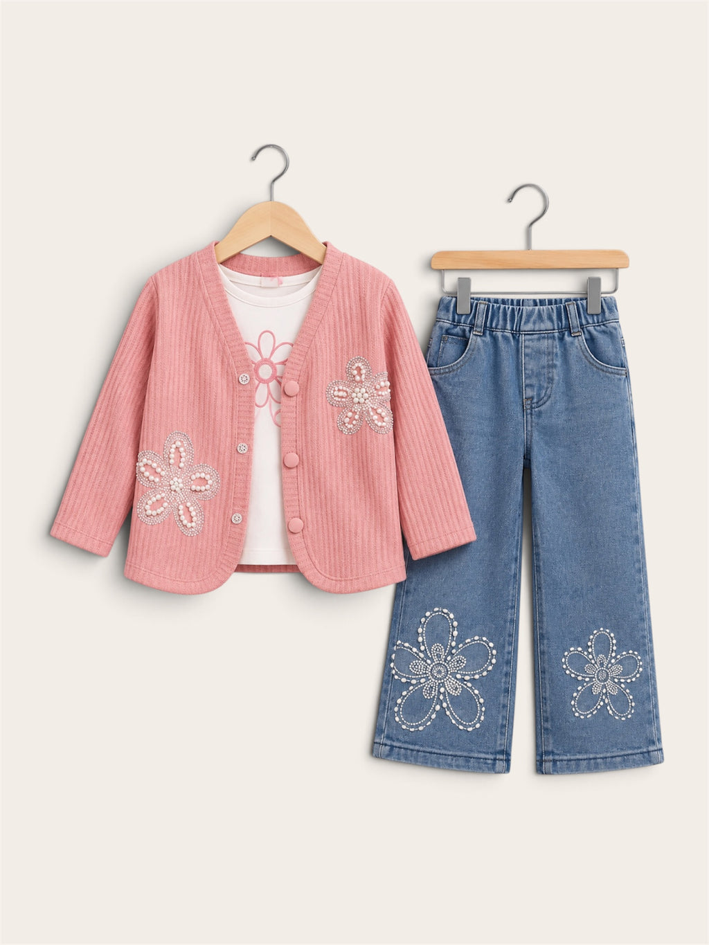 Pearl Bloom 3-Piece Girls Cardigan & Denim Set