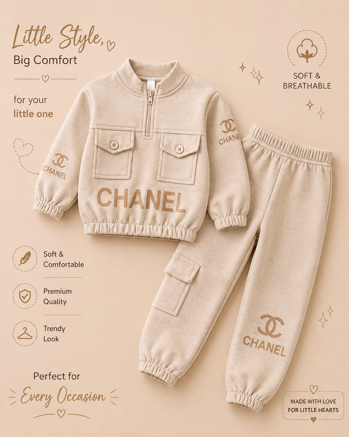 Premium Beige Half-Zip Sweatshirt & Cargo Jogger Set for Kid