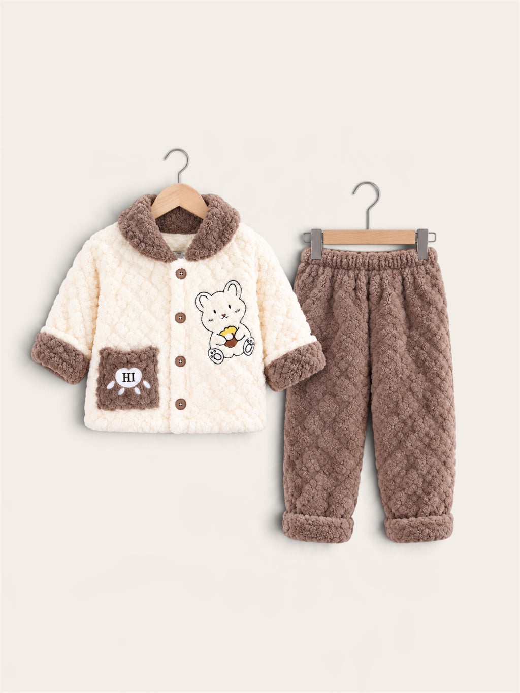 Cute Teddy Bear Fleece Winter Jacket & Pants 2-Piece Set for Kids – Grey & Brown