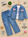 Girls Premium Denim 3-Piece Set – Bow Detail Jacket, Printed Top & Cargo Jeans 💙🎀