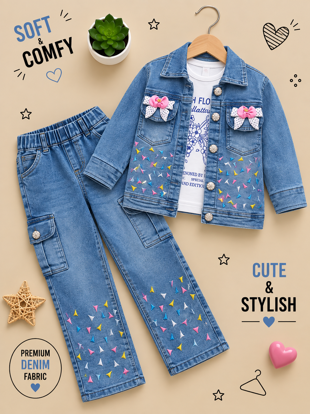 Girls Premium Denim 3-Piece Set – Bow Detail Jacket, Printed Top & Cargo Jeans 💙🎀