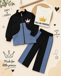 👑 Little Princess 3-Piece Denim Panel Tracksuit Set