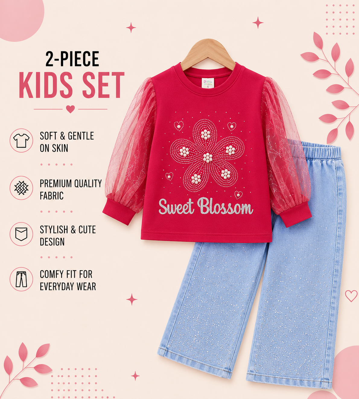 Sweet Blossom Girls Pearl Flower Top & Sparkle Wide-Leg Jeans 2-Piece Set