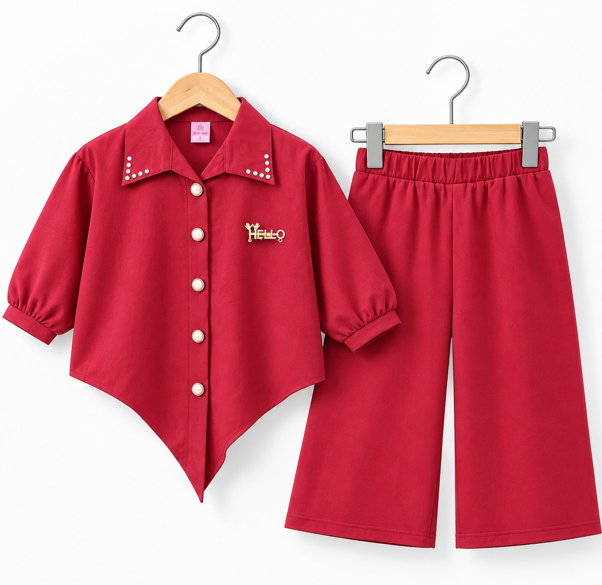Pearl Studded Collar Girls Co-Ord Set – Shirt & Wide Leg Pants