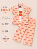 Girls Peach Printed Blazer & Wide-Leg Pants 2-Piece Set