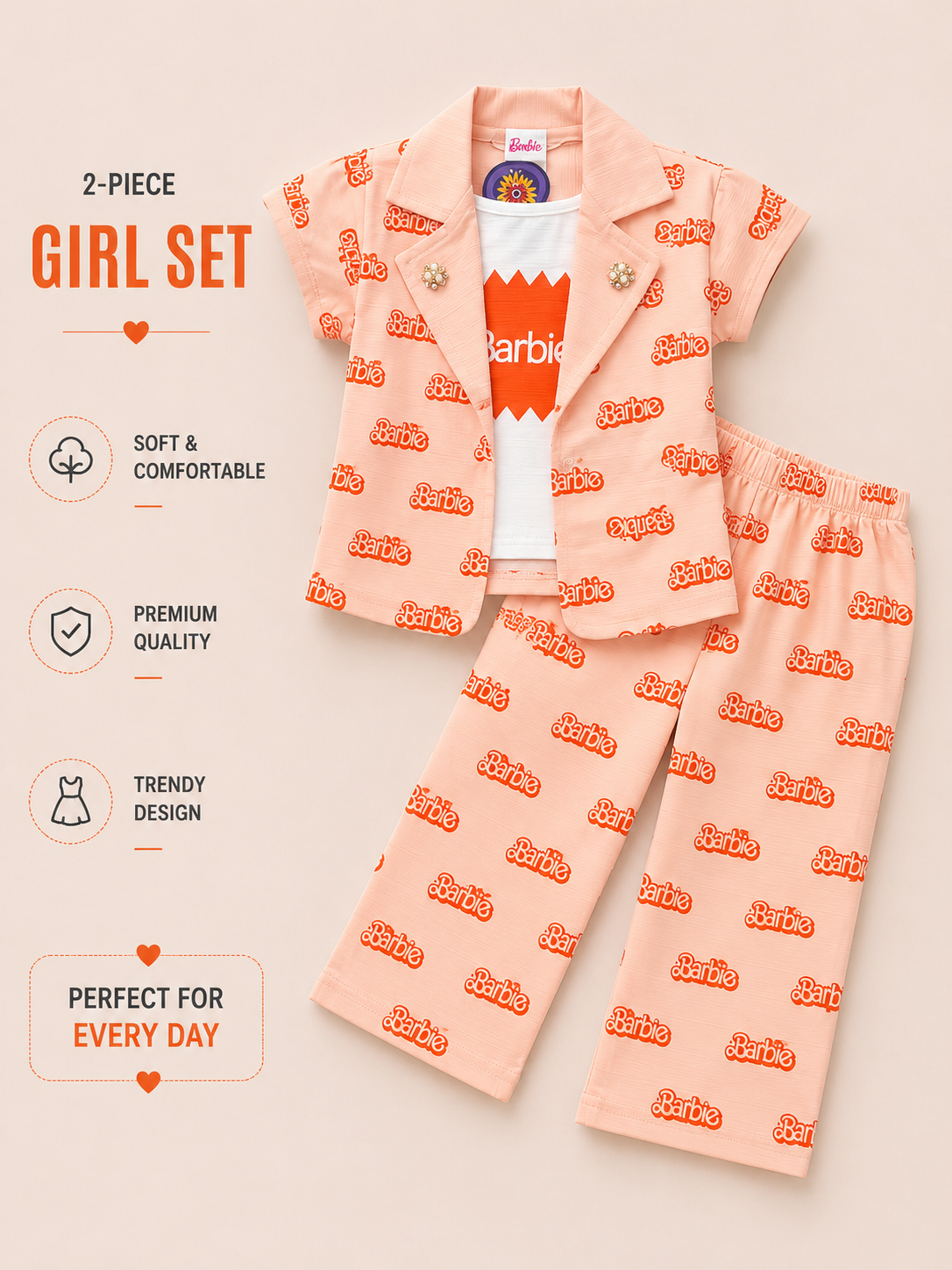 Girls Peach Printed Blazer & Wide-Leg Pants 2-Piece Set