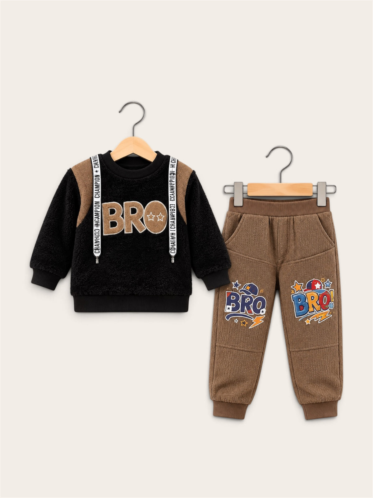 BRO Boys Fleece Sweatshirt & Jogger 2-Piece Winter Set – Brown & Black