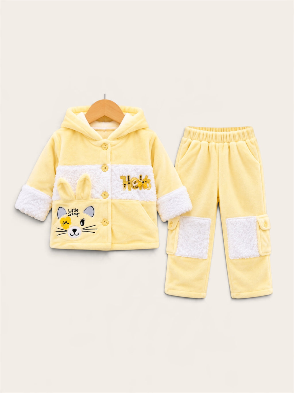 Kids Little Star Bunny Hooded Fleece Winter 2-Piece Suit – Soft & Cozy Jacket with Cargo Pants (Blue, Pink & Yellow)