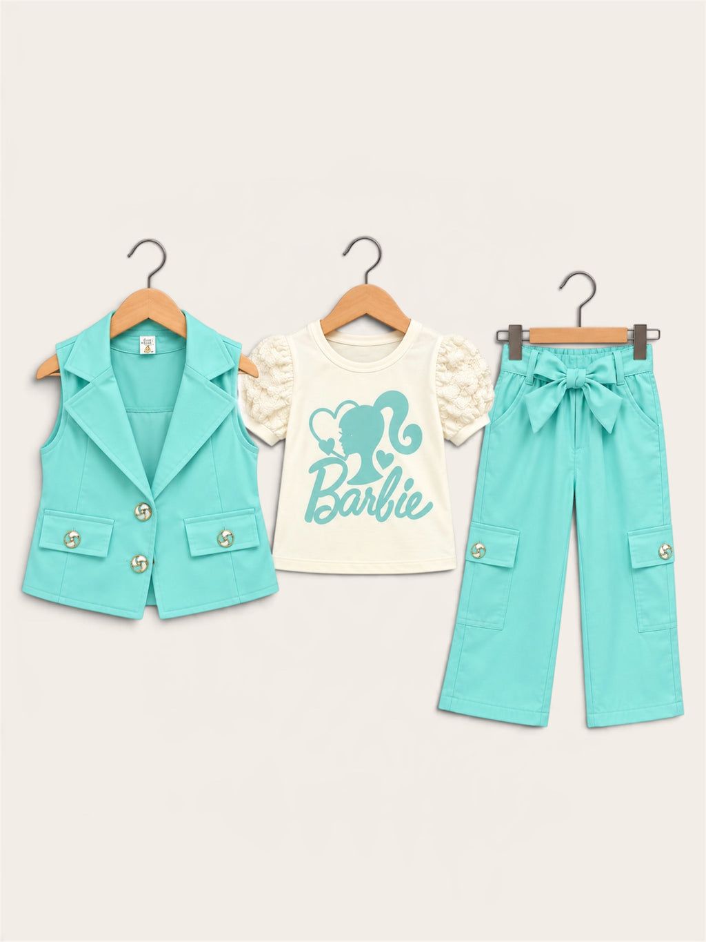 Girls’ Barbie Inspired 3-Piece Stylish Waistcoat & Wide-Leg Pants Set