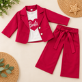 Girls Premium 3-Piece Blazer Set with Bow Waist Wide-Leg Pants
