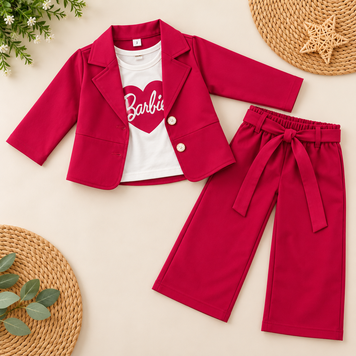 Girls Premium 3-Piece Blazer Set with Bow Waist Wide-Leg Pants