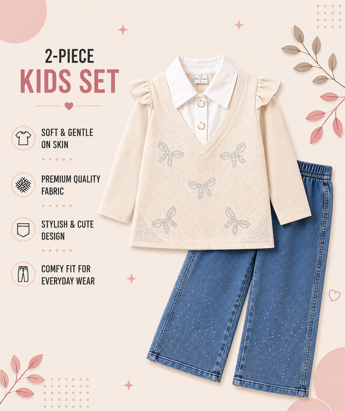 Girls Sparkle Bow Top & Wide-Leg Denim 2-Piece Set – 6 to 10 Years