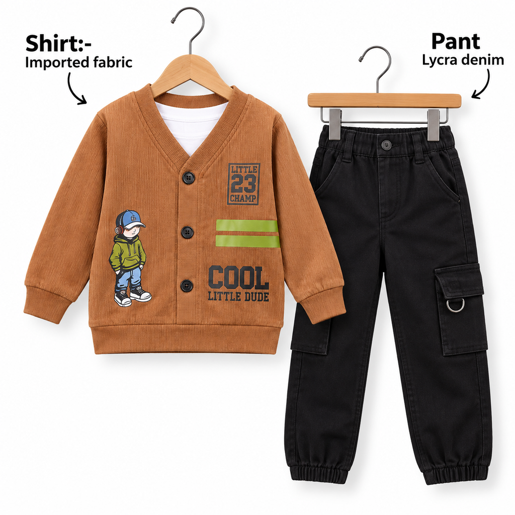 Cool Little Dude Boys 2-Piece Cardigan Shirt & Cargo Denim Pant Set 5-8years