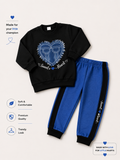 Kids’ Sweet Heart Graphic Sweatshirt & Jogger Set – Black & Royal Blue 💙