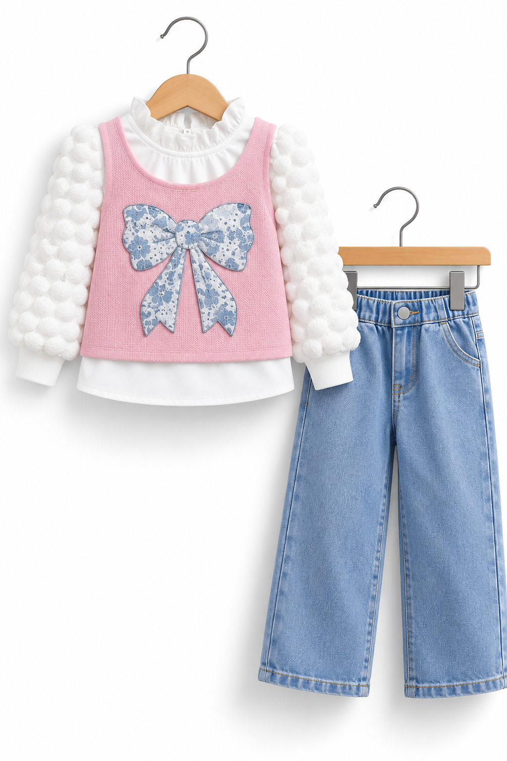 Girls 3-Piece Floral Bow Outfit Set – Textured Sleeveless Top, White Puff Sleeve Shirt & Wide Leg Denim Jeans