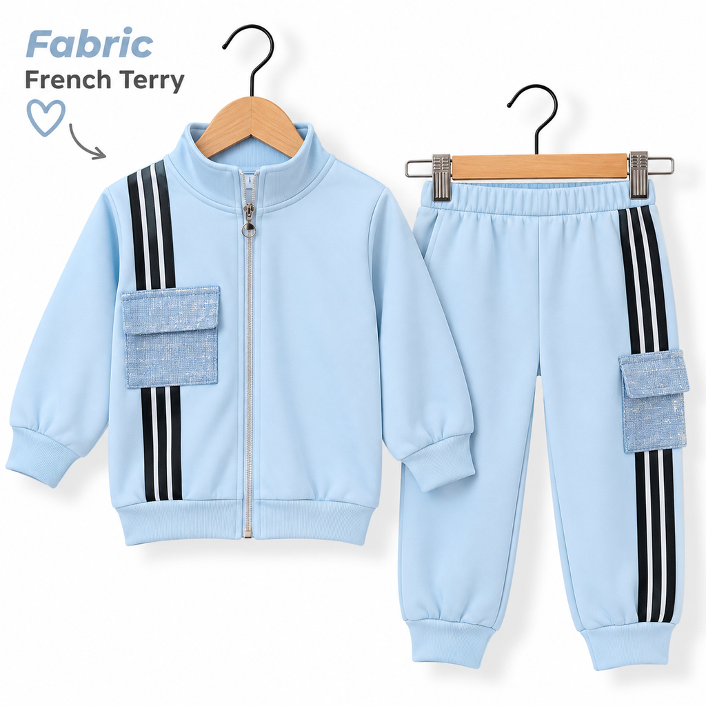 Kids French Terry Zip-Up Tracksuit with Stripe & Cargo Pocket Detail