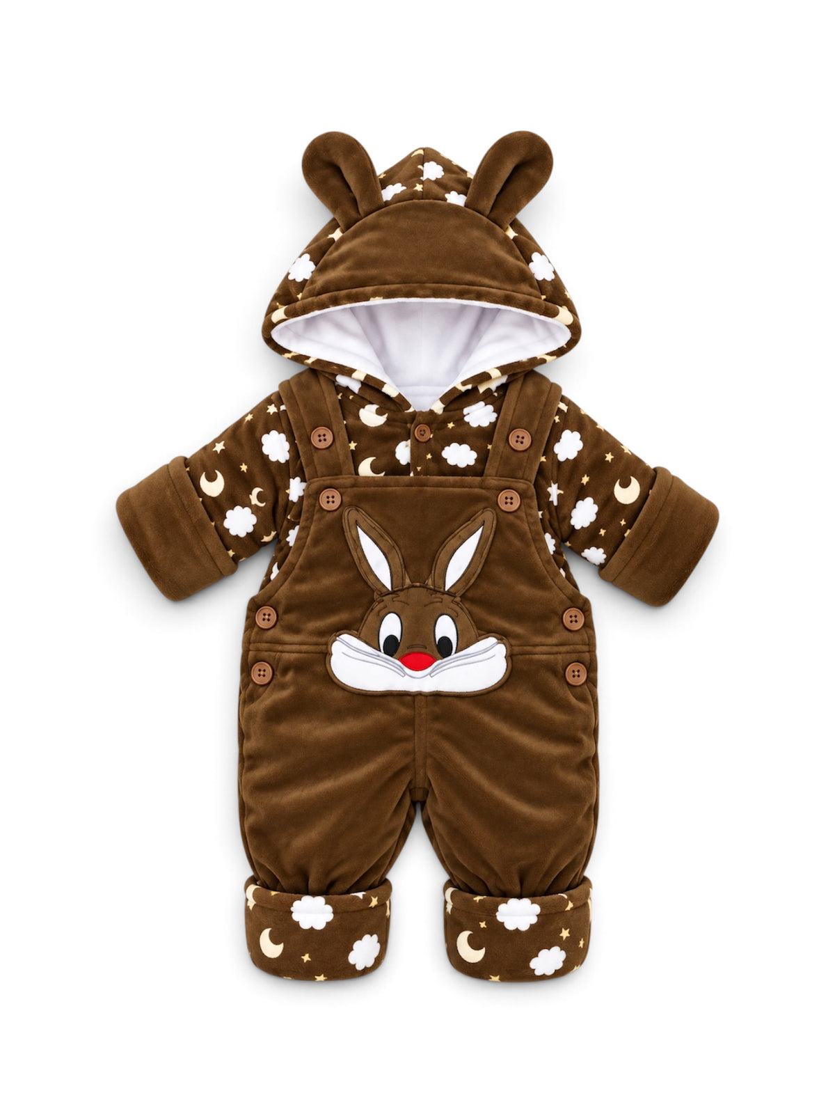 Baby Bunny Moon & Cloud Hooded Dungaree Set – Navy Blue & Brown