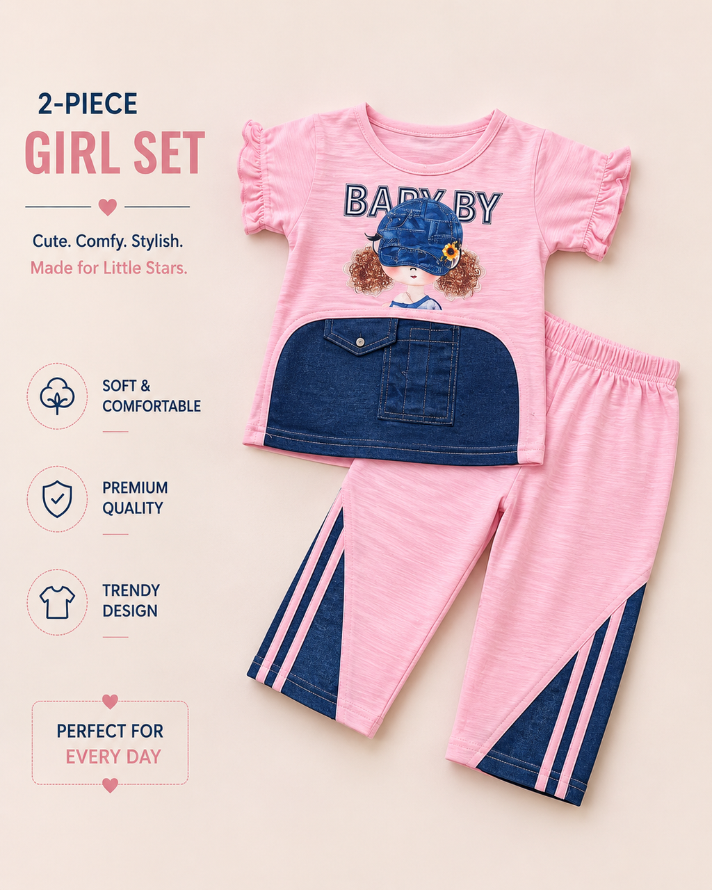 Girls Denim Style Graphic Top & Pants 2-Piece Set – Pink & Yellow Variants