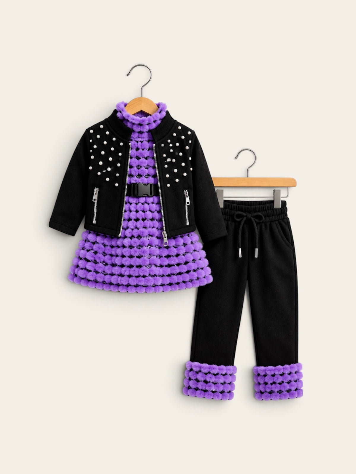 Girls Premium Furry 3-Piece Winter Outfit Set – Pearl Jacket, Fluffy Top & Matching Pants