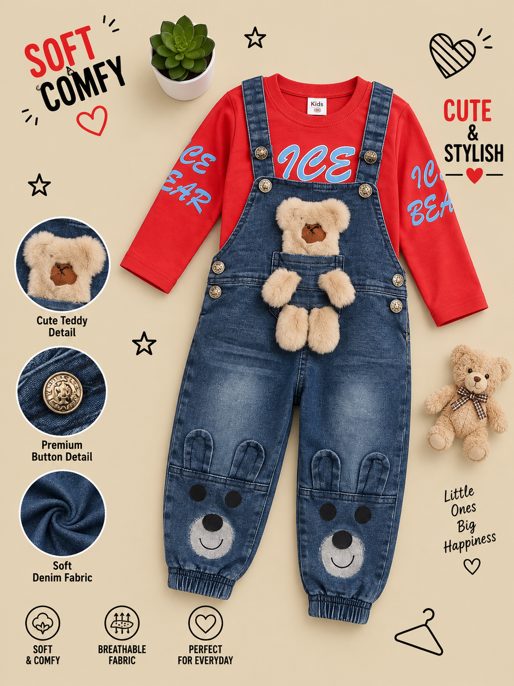 Cute Teddy Denim Dungaree Set with Full Sleeve T-Shirt 🧸✨