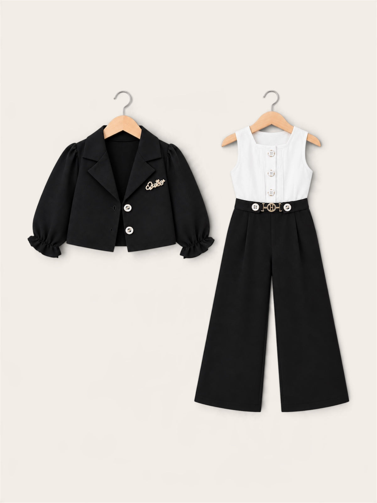 Girls Elegant 3-Piece Blazer & Wide-Leg Jumpsuit Set – 4 Colors