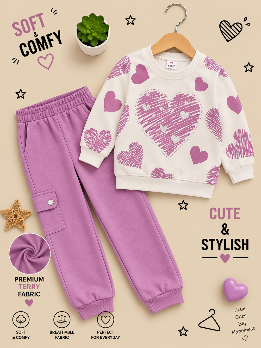 Sweet Hearts Premium Terry Cargo Tracksuit Set 💕✨