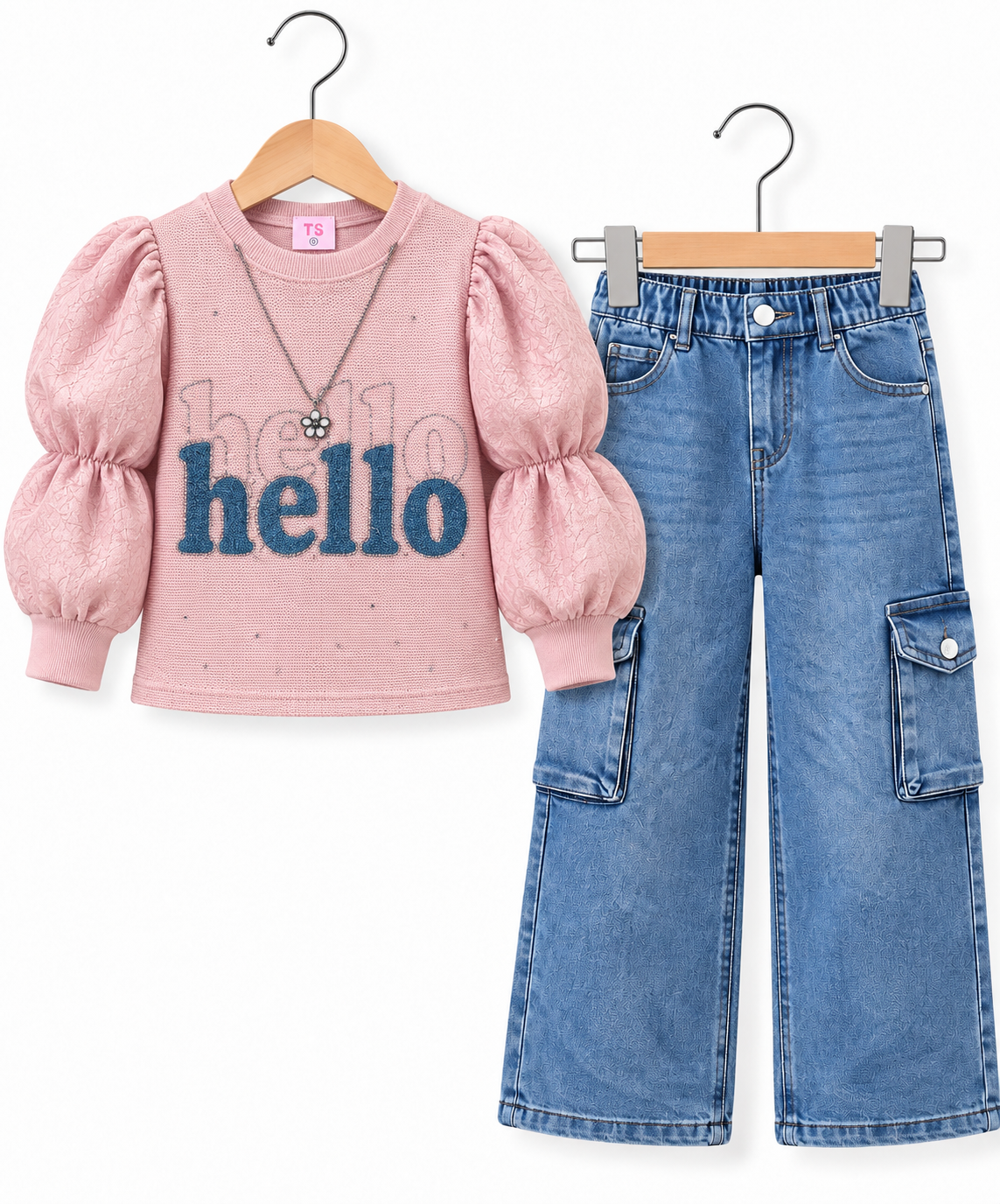 Hello Puff Sleeve Girls 2-Piece Set – Statement Top & Wide-Leg Cargo Denim Jeans