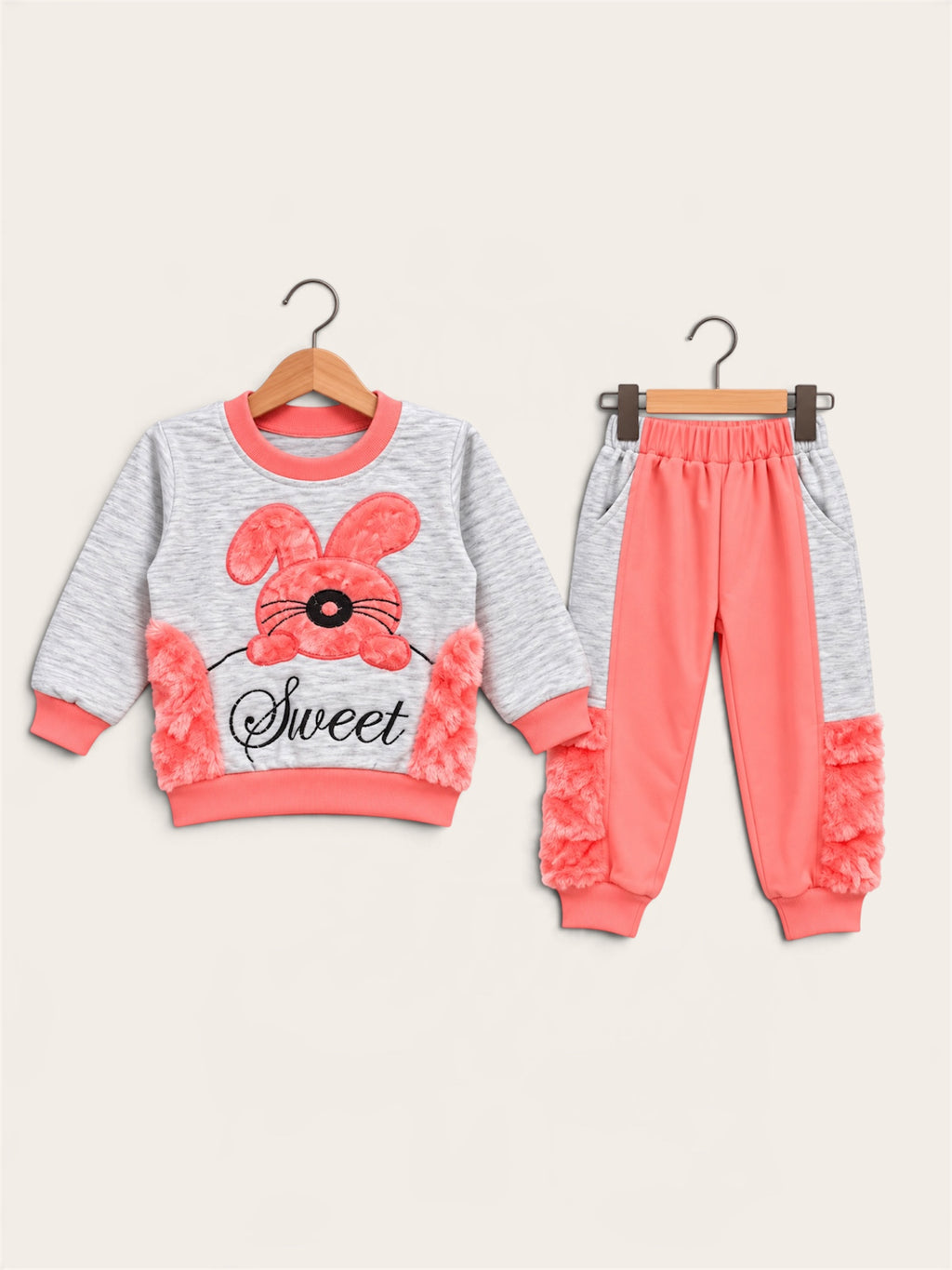 Sweet Bunny Furry Winter Sweatshirt & Trouser Set for Girls – 2 Colors