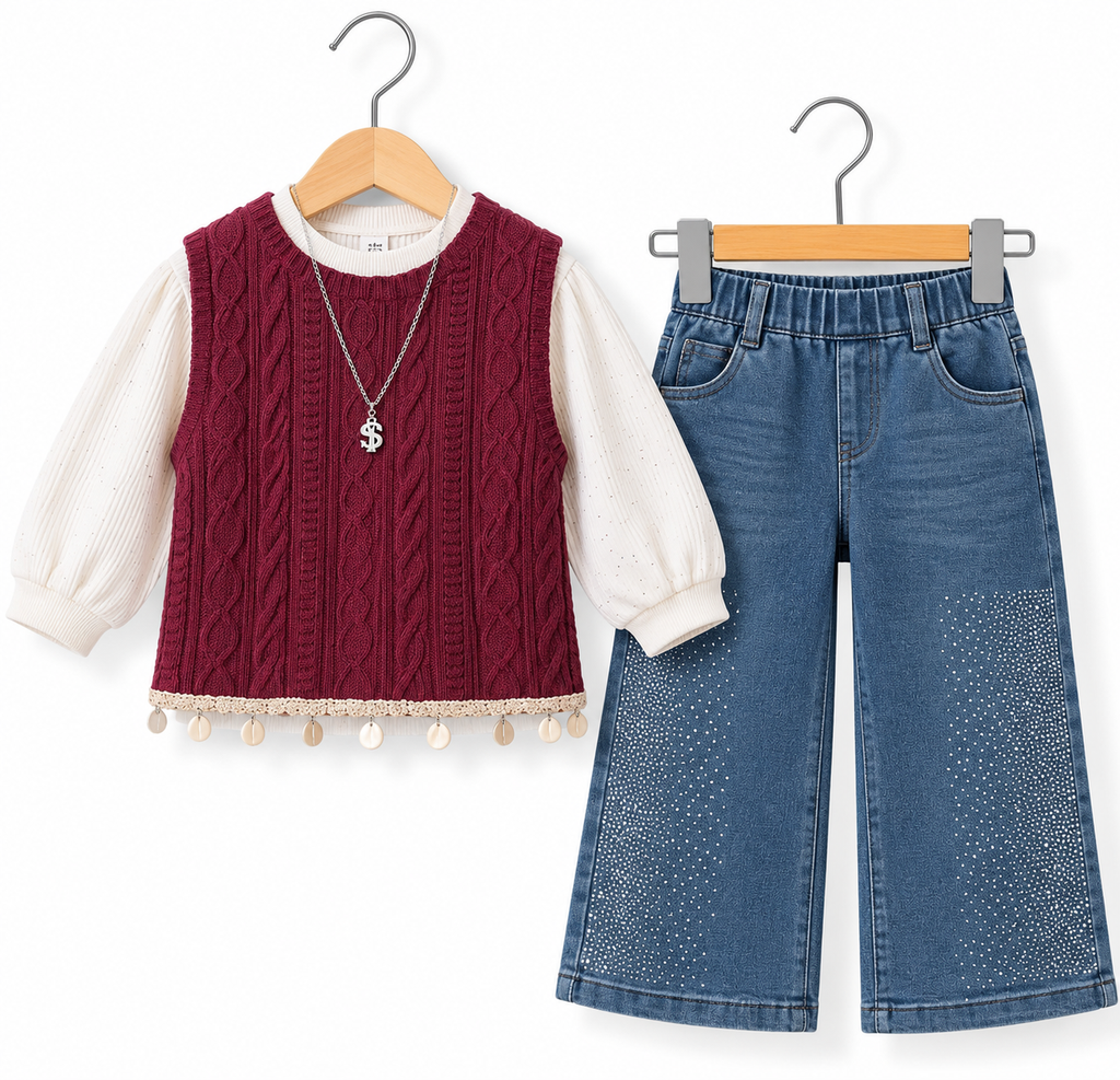 Cable Knit 3-Piece Girls Outfit – Puff Sleeve Top, Sweater Vest & Rhinestone Denim Pants