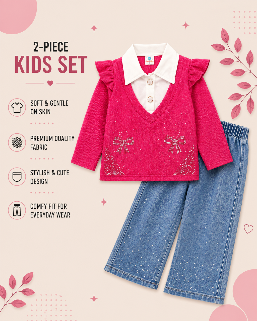Girls Sparkle Bow Top & Wide-Leg Denim 2-Piece Set – 6 to 10 Years