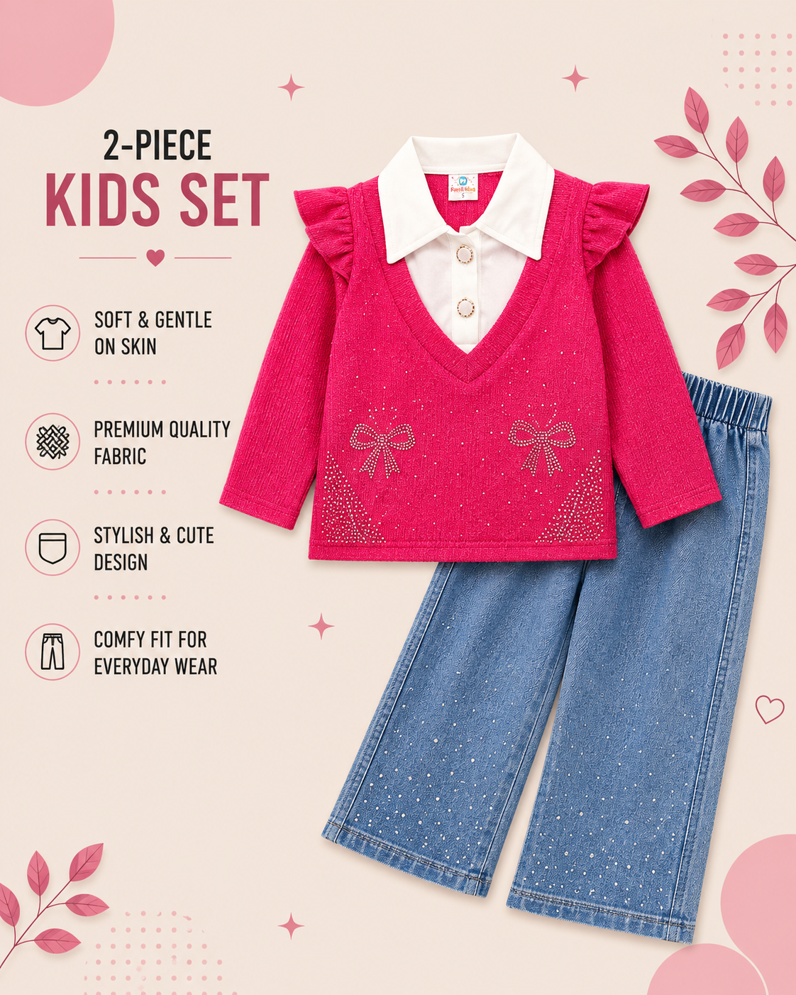 Girls Sparkle Bow Top & Wide-Leg Denim 2-Piece Set – 6 to 10 Years