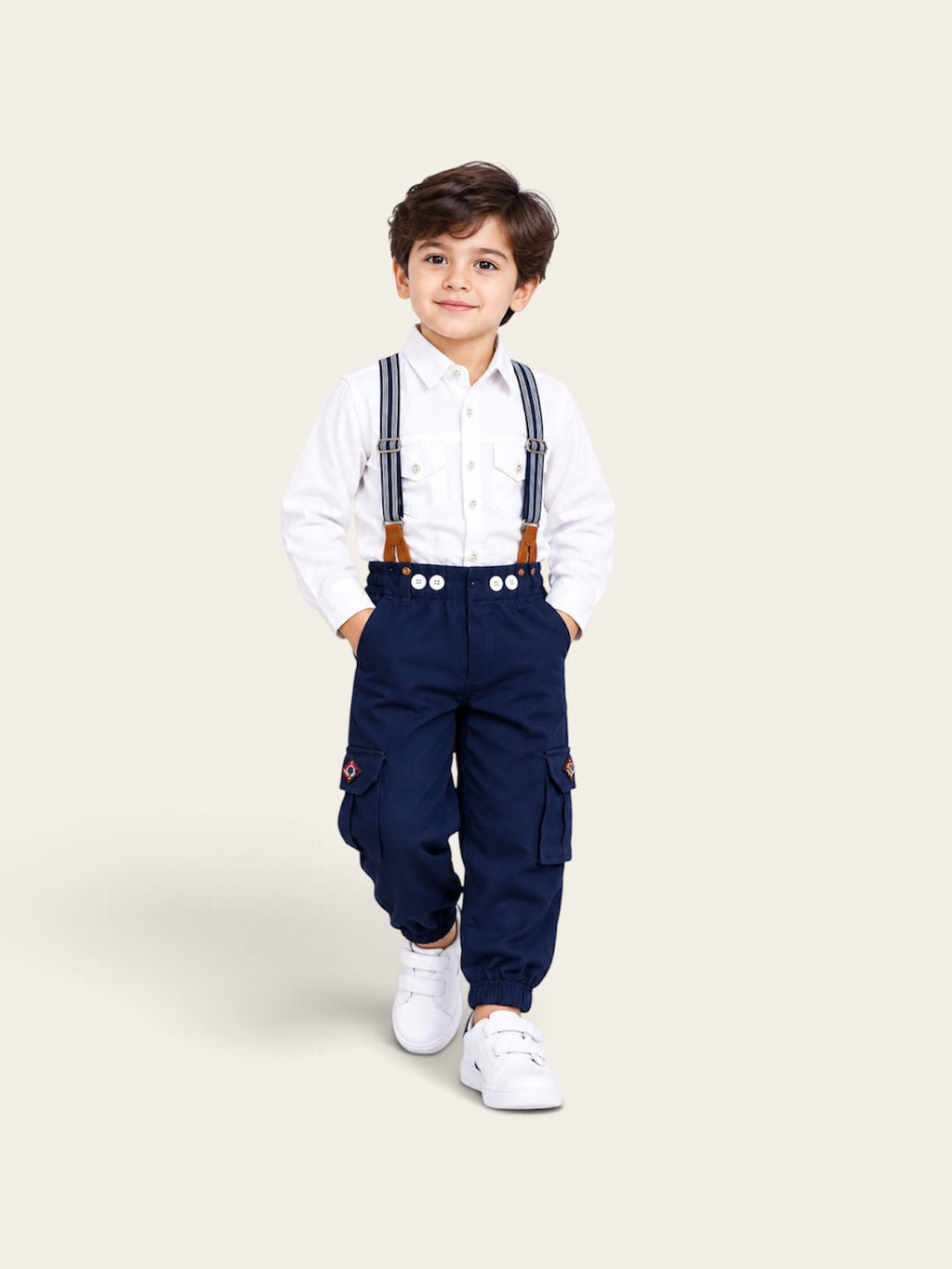 Boys Classic Suspender Cargo Pants Set – White Shirt with Navy & Beige Trousers