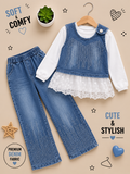 Girls Premium Denim 2-Piece Set – Rhinestone Lace Top & Wide-Leg Jeans 💙✨