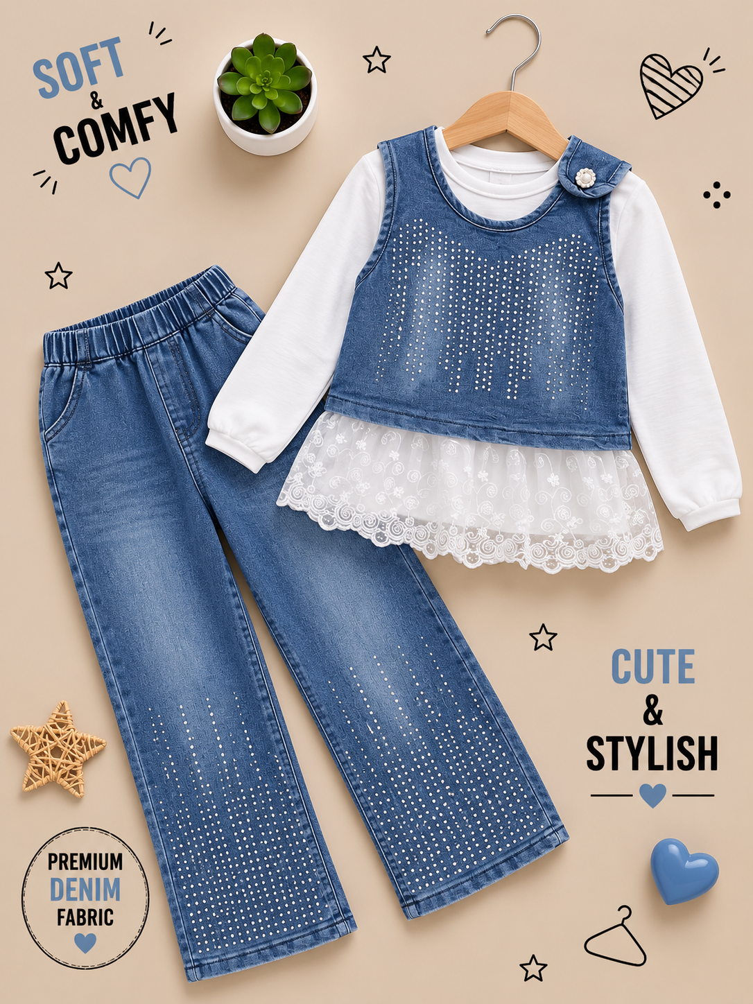 Girls Premium Denim 2-Piece Set – Rhinestone Lace Top & Wide-Leg Jeans 💙✨