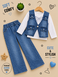 Girls Premium Denim 3-Piece Set – Pearl Embellished Vest, White Top & Wide-Leg Jeans