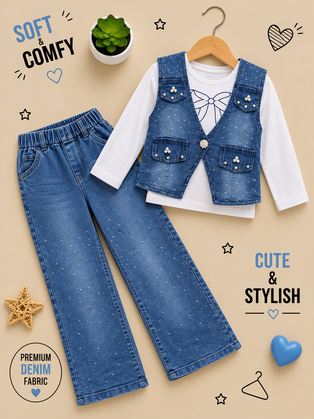 Girls Premium Denim 3-Piece Set – Pearl Embellished Vest, White Top & Wide-Leg Jeans