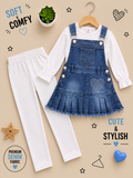 Girls Premium Denim Pinafore 3-Piece Set – White Top & Trouser