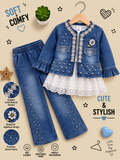 Girls Premium Embellished Denim Jacket & Flared Jeans 3 Piece Set
