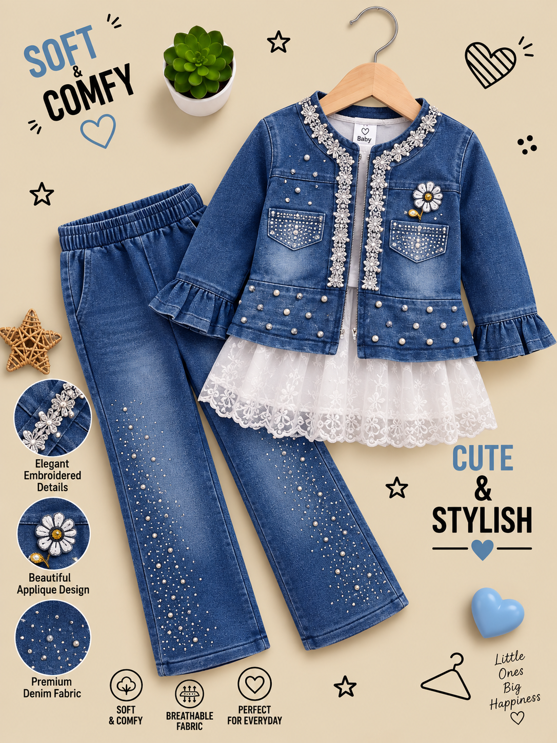 Girls Premium Embellished Denim Jacket & Flared Jeans 3 Piece Set