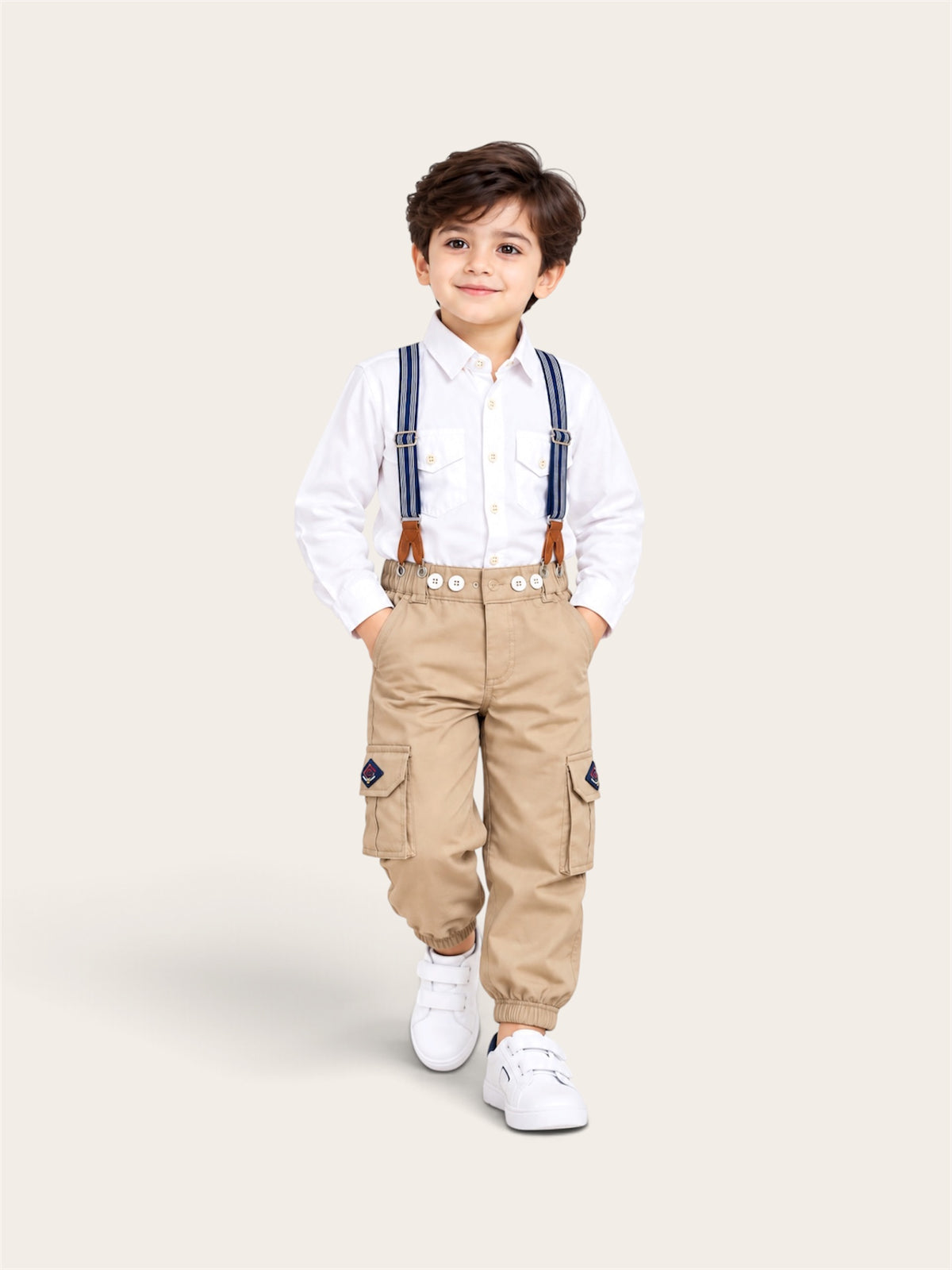 Boys Classic Suspender Cargo Pants Set – White Shirt with Navy & Beige Trousers